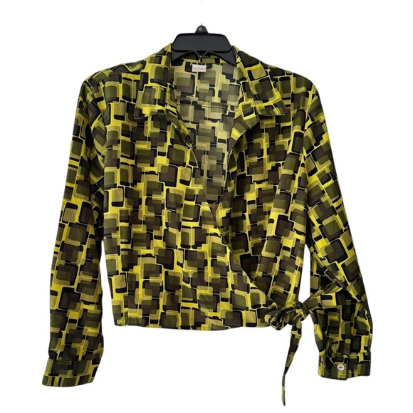 K.A.T.E Geometric Patterned Green and Black Wrap Blouse - Picture 1 of 4
